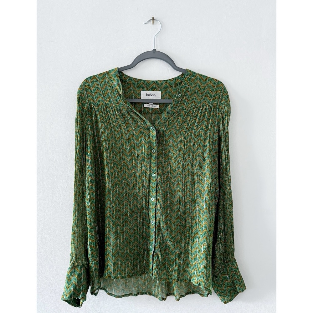 Ba&sh Wize Green Printed Sheer Long Sleeve Blouse Top Size 2